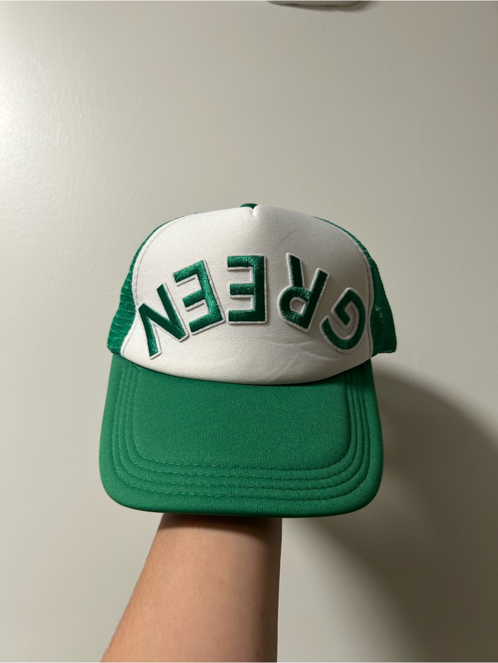 Trendy upside-down "GREEN" puff text foam trucker hat